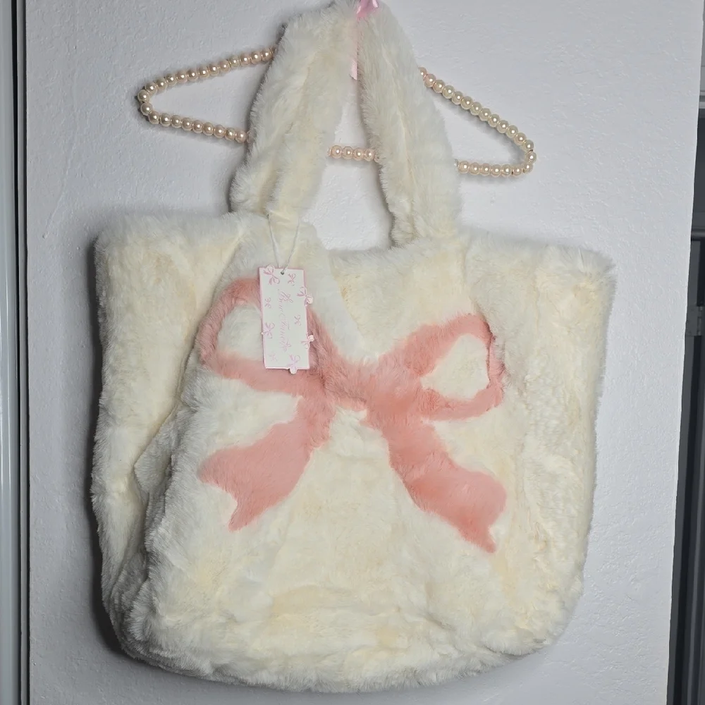 Cream and Pink Faux Fur Tote Bag